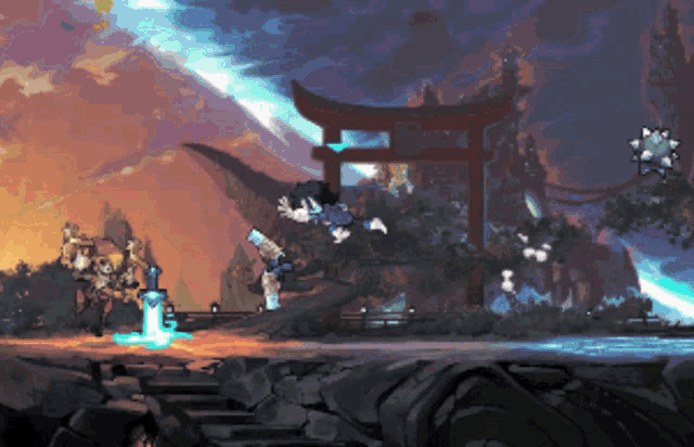 a video game scene with a samurai fighting another samurai in front of a torii gate