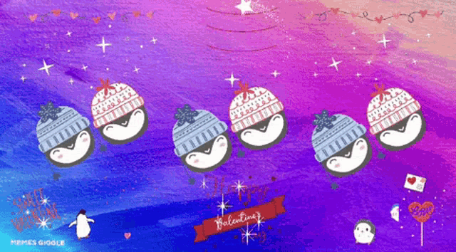 a valentine 's day greeting card with penguins wearing beanies