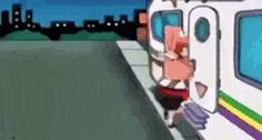 a cartoon of a person getting on a train at night .