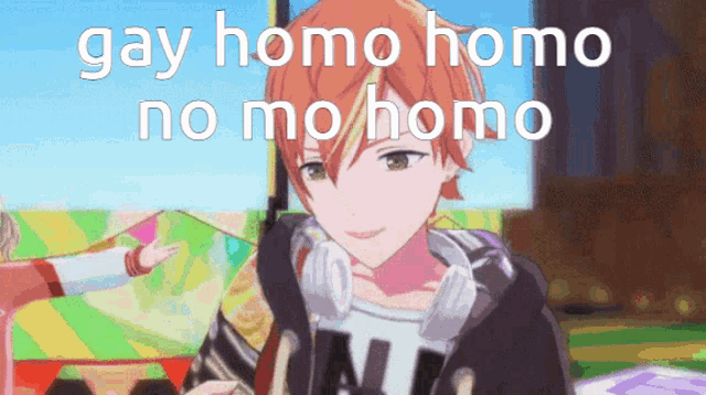 a picture of a boy with the words gay homo homo no mo homo