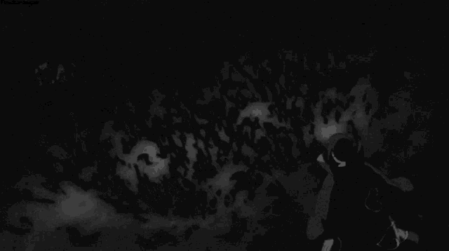 a black and white photo of a person standing in the dark surrounded by birds .