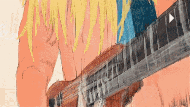a painting of a woman playing a guitar with a play button in the corner