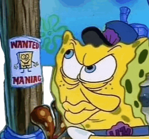 a cartoon spongebob is standing next to a wanted sign