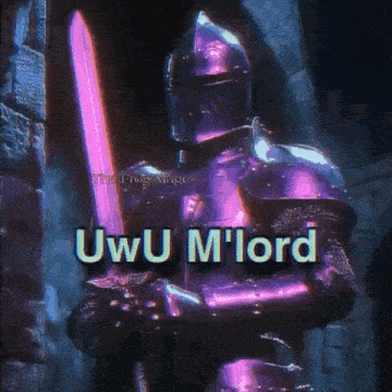 a purple knight is holding a purple sword with the words uwu m lord written on it