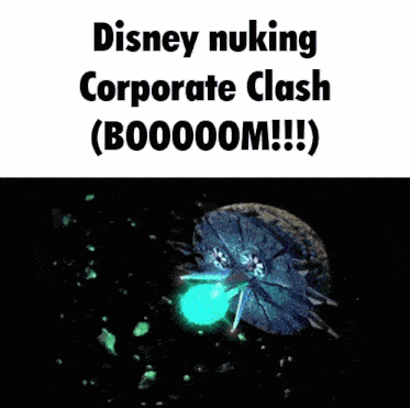 disney nuking corporate clash boooom !!! is written on a white background