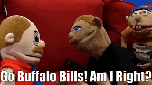 three stuffed animals are sitting on a red couch and one says go buffalo bills
