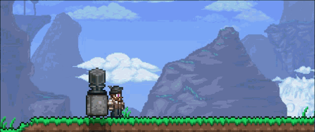 a pixel art scene of a man standing next to a statue