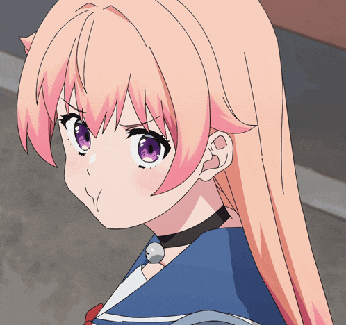 a girl with pink hair and purple eyes looks angry