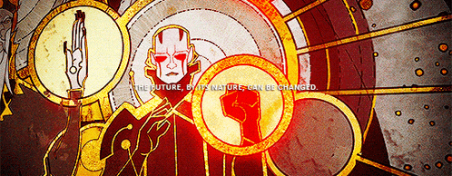 a painting of a man with the words " the future by its nature can be changed " on the bottom