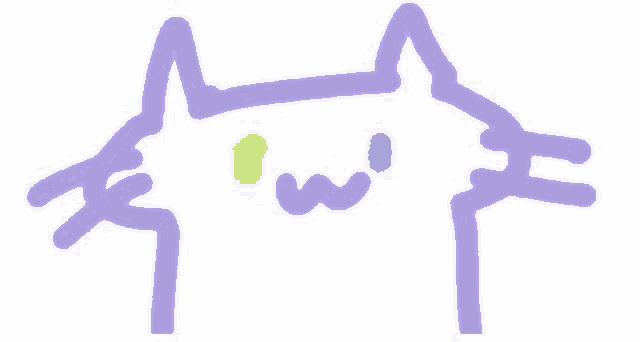 a drawing of a purple cat with yellow eyes and a smiley face on a white background .