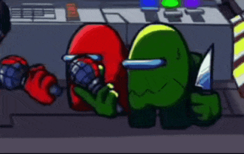 a green among us character is holding a knife and a red among us character is singing into a microphone .