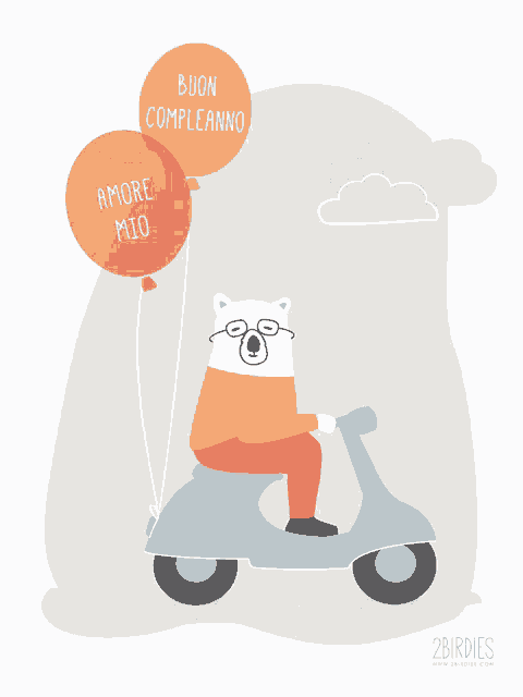 a polar bear is riding a scooter and holding a balloon that says buon compleanno amore mio