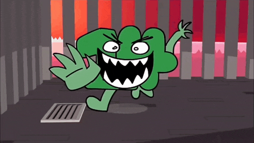 a green cartoon character with a big mouth and sharp teeth is waving .