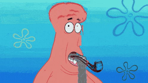 a cartoon character with a pipe in his mouth and a flower in the background
