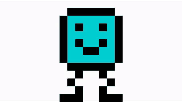 a pixel art drawing of a blue square with a smiley face on its face .