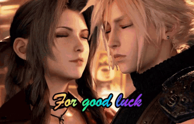 a man and a woman are kissing with the words " for good luck " behind them