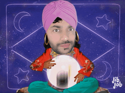 a cartoon of a man in a turban holding a crystal ball with jib job written below him