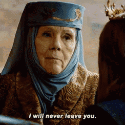 a woman wearing a blue hat and a crown says i will never leave you .
