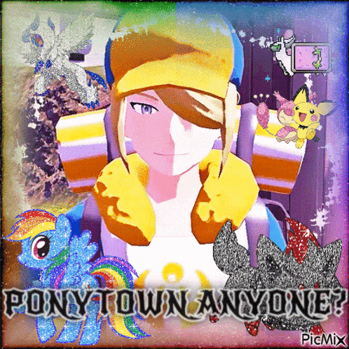 a picture of a girl with ponies and the words ponytown anyone on it