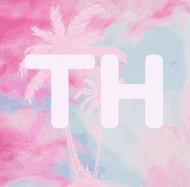 a pink background with a palm tree and the word th