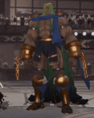 a video game character with a scarf around his neck and a sword