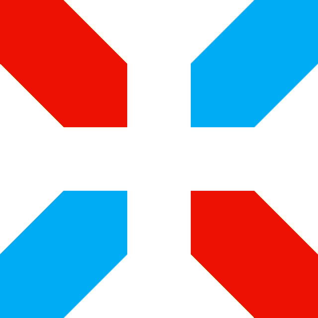a red white and blue flag with a rocket in the center
