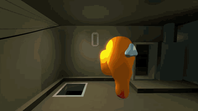 a red and an orange among us character are standing next to each other in a dark room