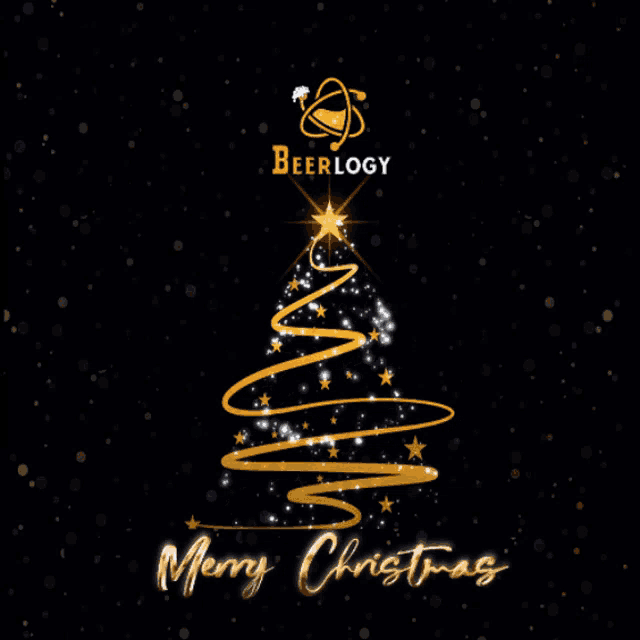 a merry christmas card with a christmas tree and the word beerlogy
