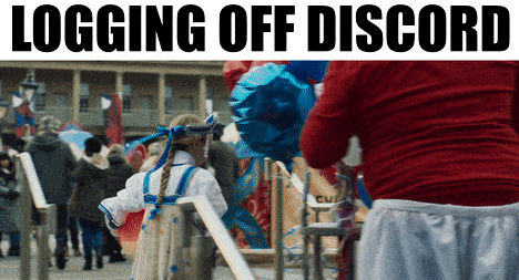 a sign that says ' logging off discord ' on top of a crowd of people