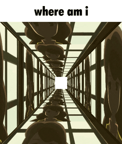 a cartoon of a hallway with the words " where am i " on the bottom