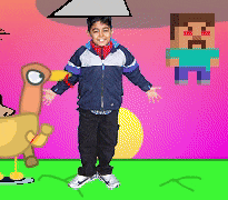 a pixel art of a boy standing next to a chicken