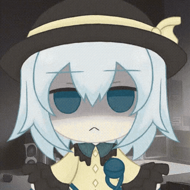 a cartoon drawing of a girl with white hair wearing a black hat