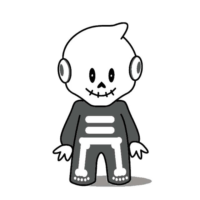 a cartoon drawing of a skeleton with the word boo written above it