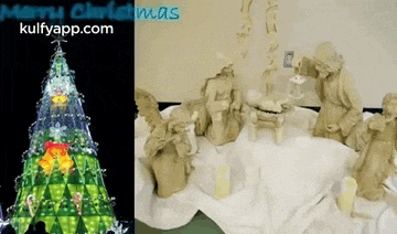 a picture of a christmas tree next to a picture of a nativity scene with the words merry christmas on the bottom