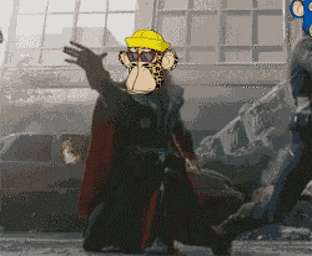 a pixel art of a monkey wearing a cape and a yellow hat