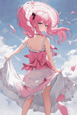 a girl with pink hair wearing a white dress and a hat