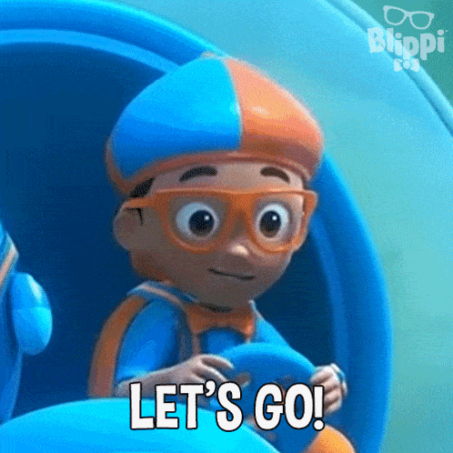 a cartoon character from blippi says let 's go while driving a car .