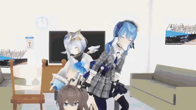 three anime characters are standing in a living room with a green couch .