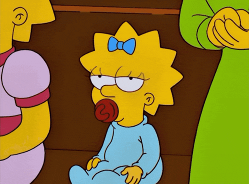 maggie simpson from the simpsons is sitting down with a pacifier
