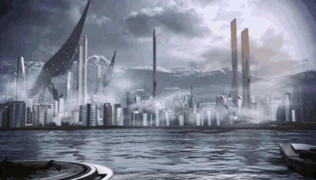 a futuristic city with mountains in the background and a large body of water in the foreground