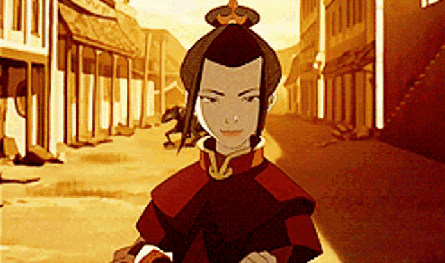 a cartoon girl with a bun in her hair is standing in a street