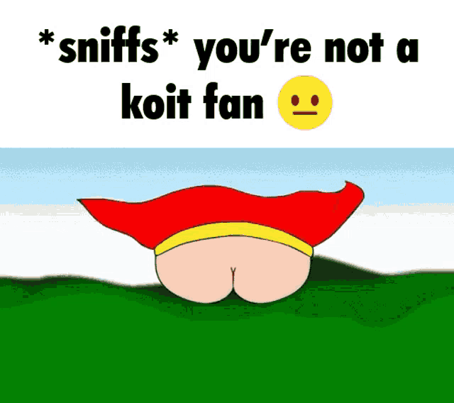 a cartoon drawing of a person 's butt with the words sniffs you 're not a koit fan below it