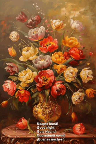a painting of flowers in a vase that says noapte buna good night gute nacht
