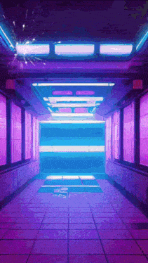 a purple and blue tunnel with a lot of lights on the ceiling and walls .