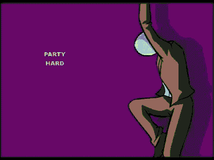 a cartoon drawing of a man dancing with the words party hard below him