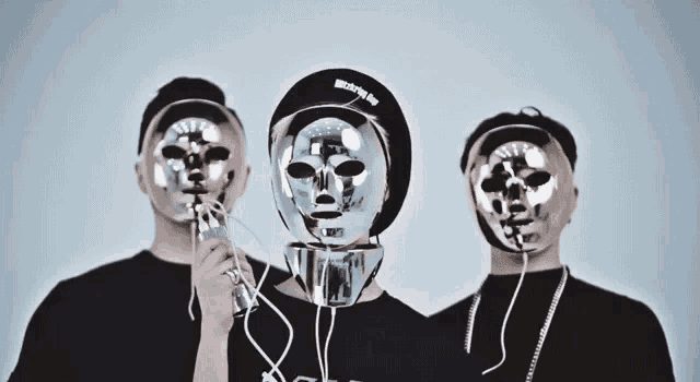 a man wearing a hat that says ' supreme ' on it is standing next to two other men wearing masks