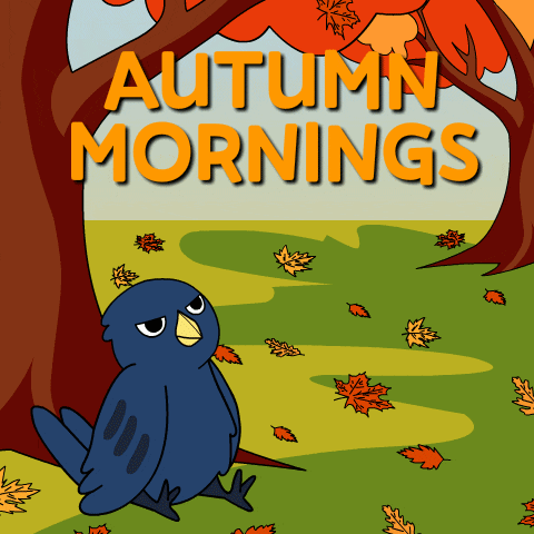 an autumn mornings poster with a blue bird sitting under a tree