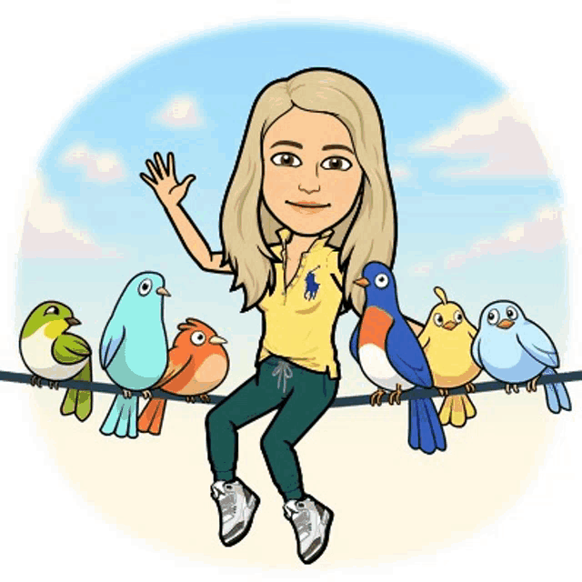 a cartoon of a woman sitting on a wire with birds around her