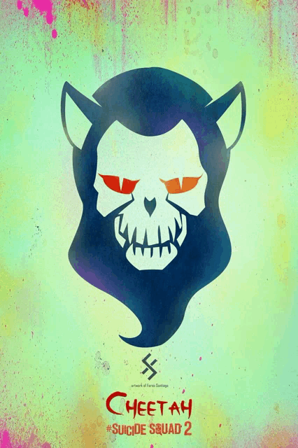 a poster for suicide squad 2 shows a cheetah with red eyes