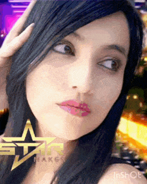a close up of a woman 's face with a star maker logo in the corner